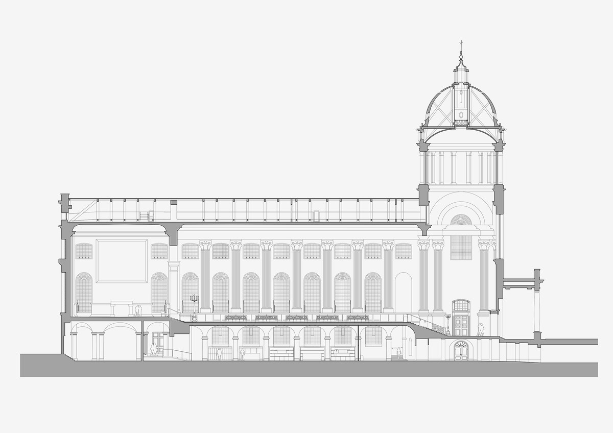 Proposed section showing the new welcome space within the Undercroft and the conserved Painted Hall above